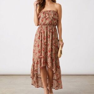 Floral Print Strapless High Low Dress